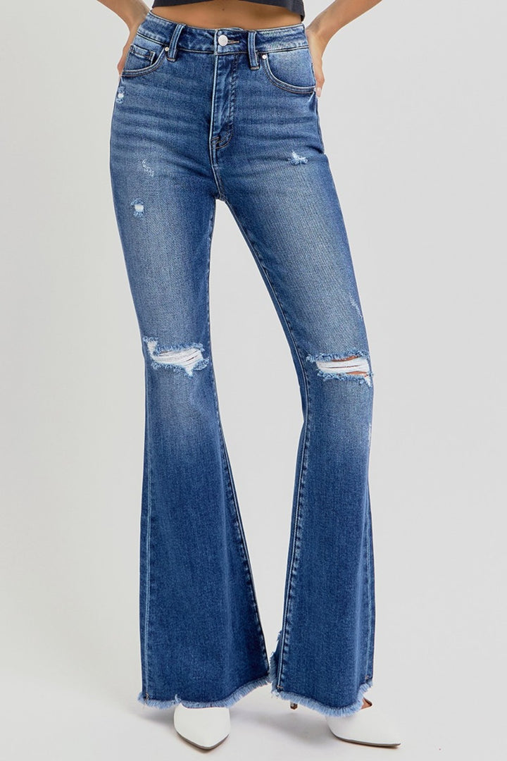 RISEN Mindy High Rise Distressed Raw Hem Flare Jeans