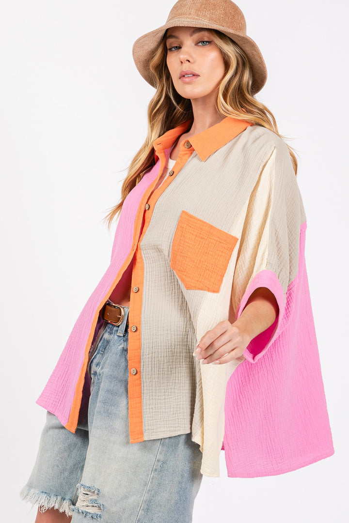 SAGE + FIG Color Block Button-Down Top In MUlti