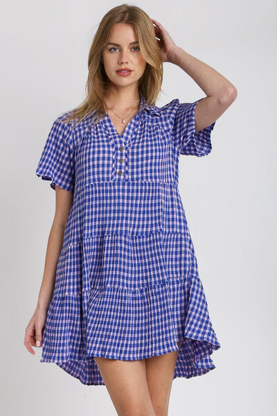 Umgee Gingham Tiered Button Detail Short Sleeve Dress In Blue AddiBray Umgee Gingham Tiered Button Detail Short Sleeve Dress In Blue AddiBray