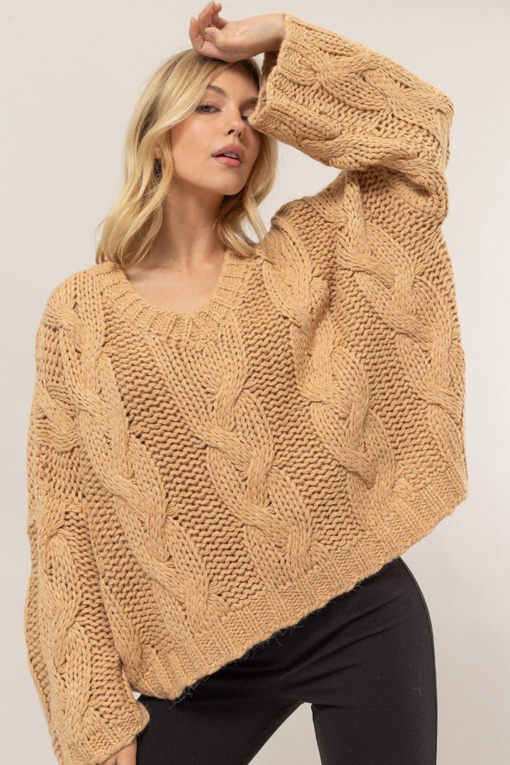 HYFVE Cable Knit V-Neck Sweater In Taupe