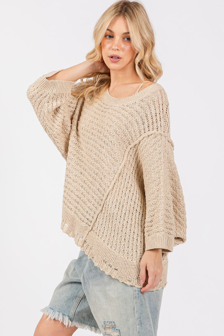 SAGE + FIG Distressed Asymmetrical Open Stitch Sweater In Mushroom