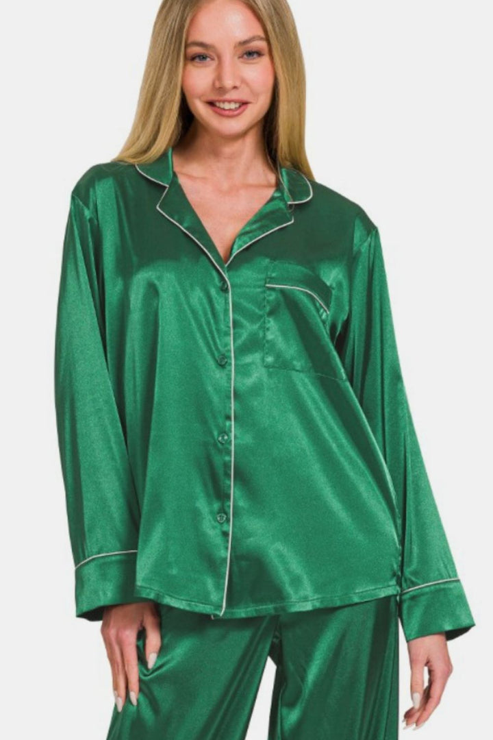 Zenana Satin Shirt and Pants Pajama Set In Hunter Green