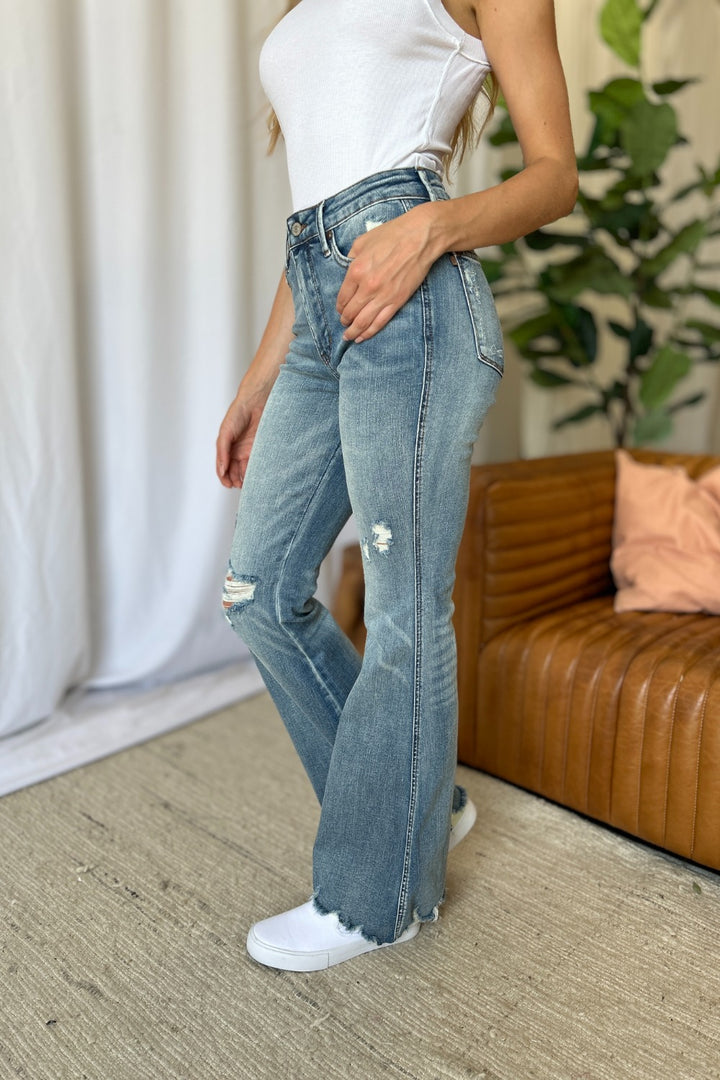 Judy Blue Caroline Mid Rise Tummy Control Distressed Flare Jeans