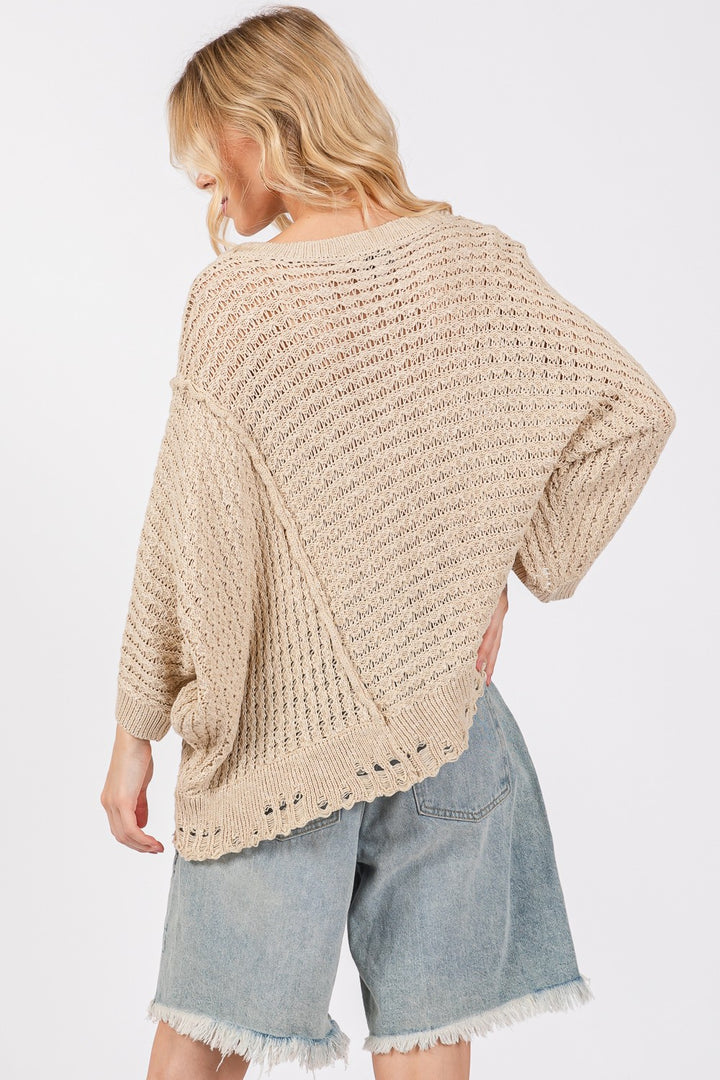 SAGE + FIG Distressed Asymmetrical Open Stitch Sweater In Mushroom