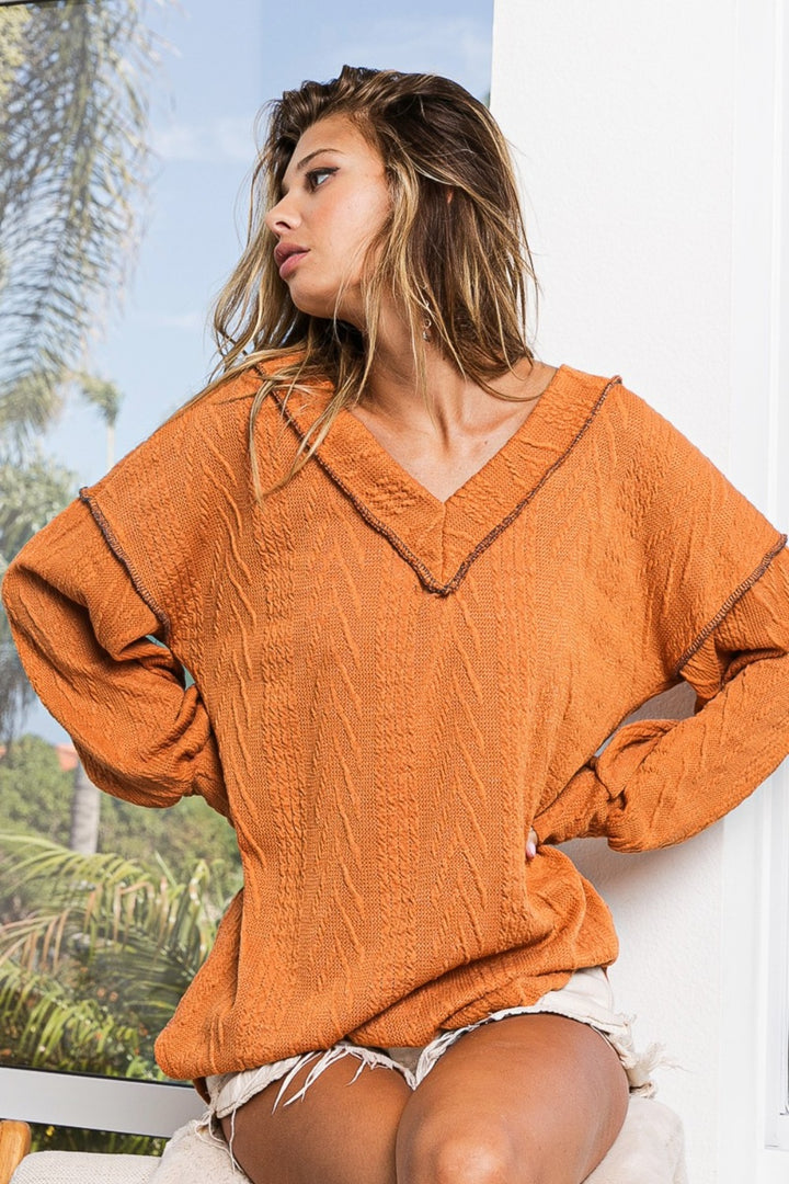 BiBi Textured Exposed Seam Drop Shoulder Knit Top In Rust