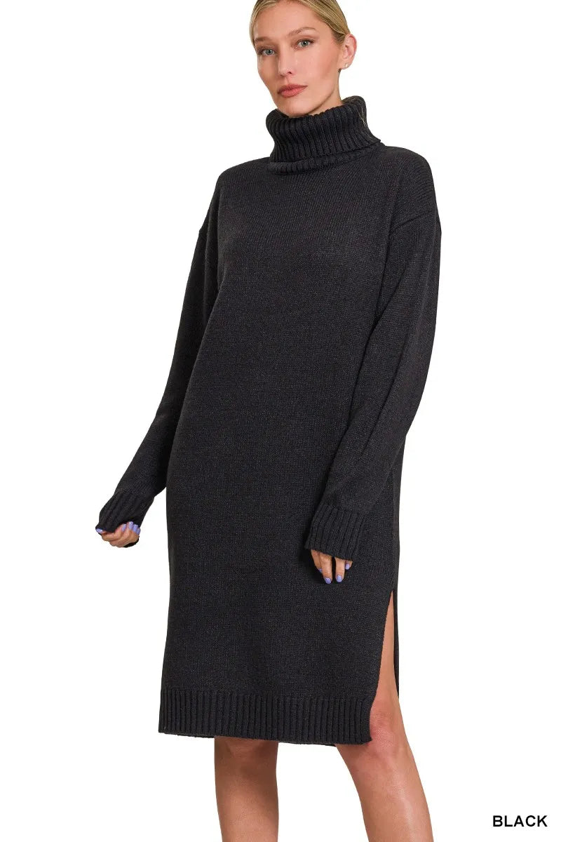 Zenana Turtle Neck Long Sleeve Midi Sweater Dress In Black – AddiBray