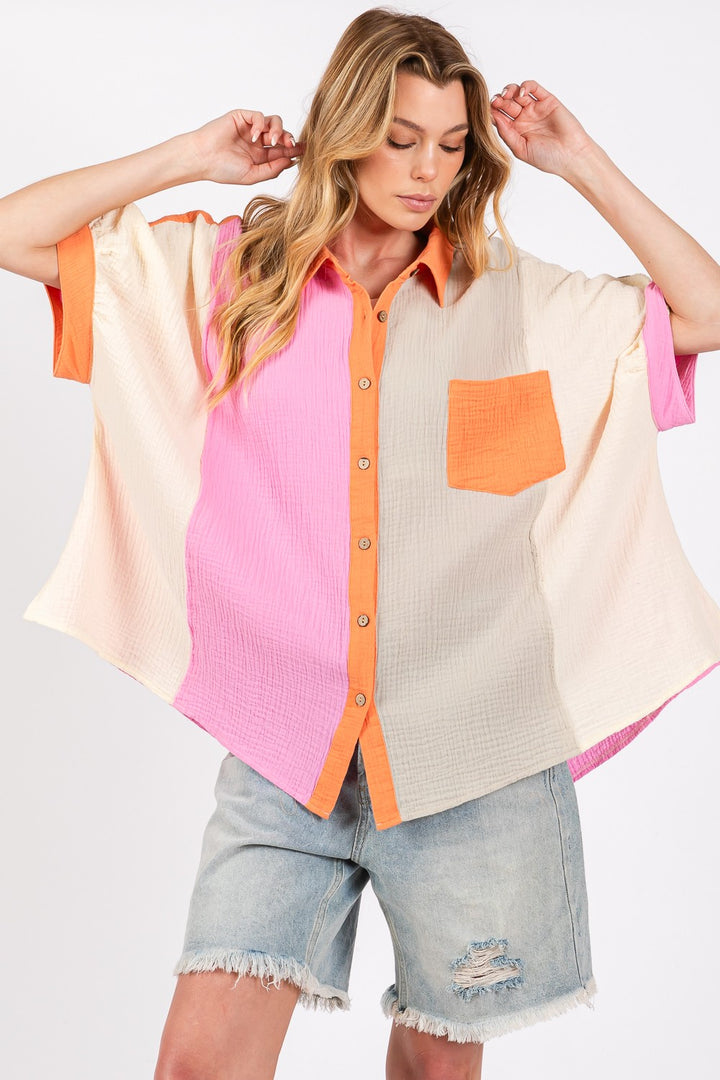 SAGE + FIG Color Block Button-Down Top In MUlti