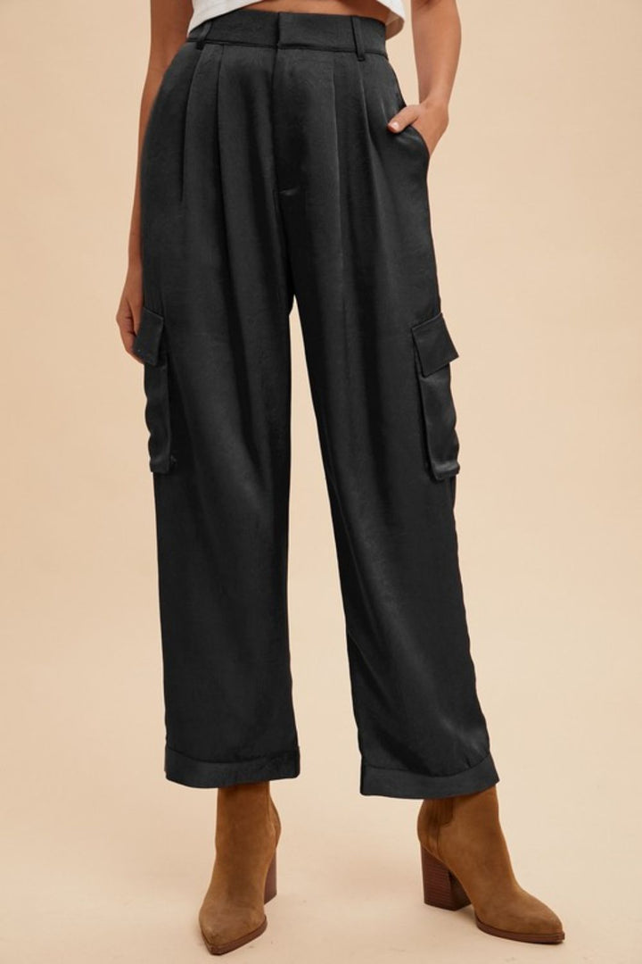Annie Wear Wide Leg Cargo Satin Pants In Black