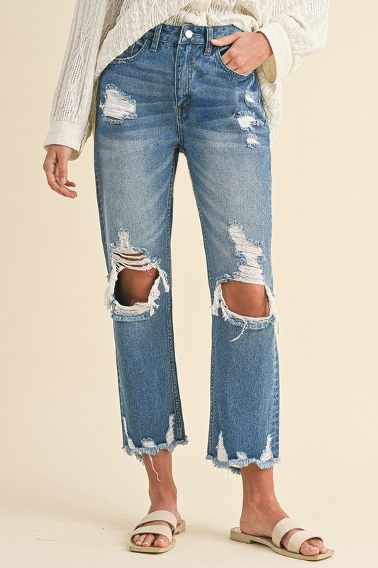 Annie Wear Distressed Raw Hem Cropped Jeans In Denim