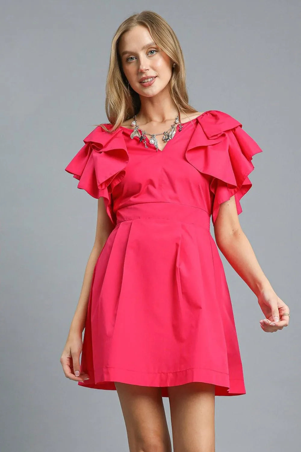 Umgee Double Ruffle Sleeve Fit and Flare Dress In Deep Rose – AddiBray