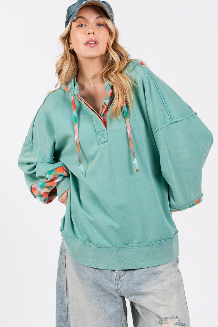SAGE + FIG Plaid Print Washed Hoodie In Eucalyptus