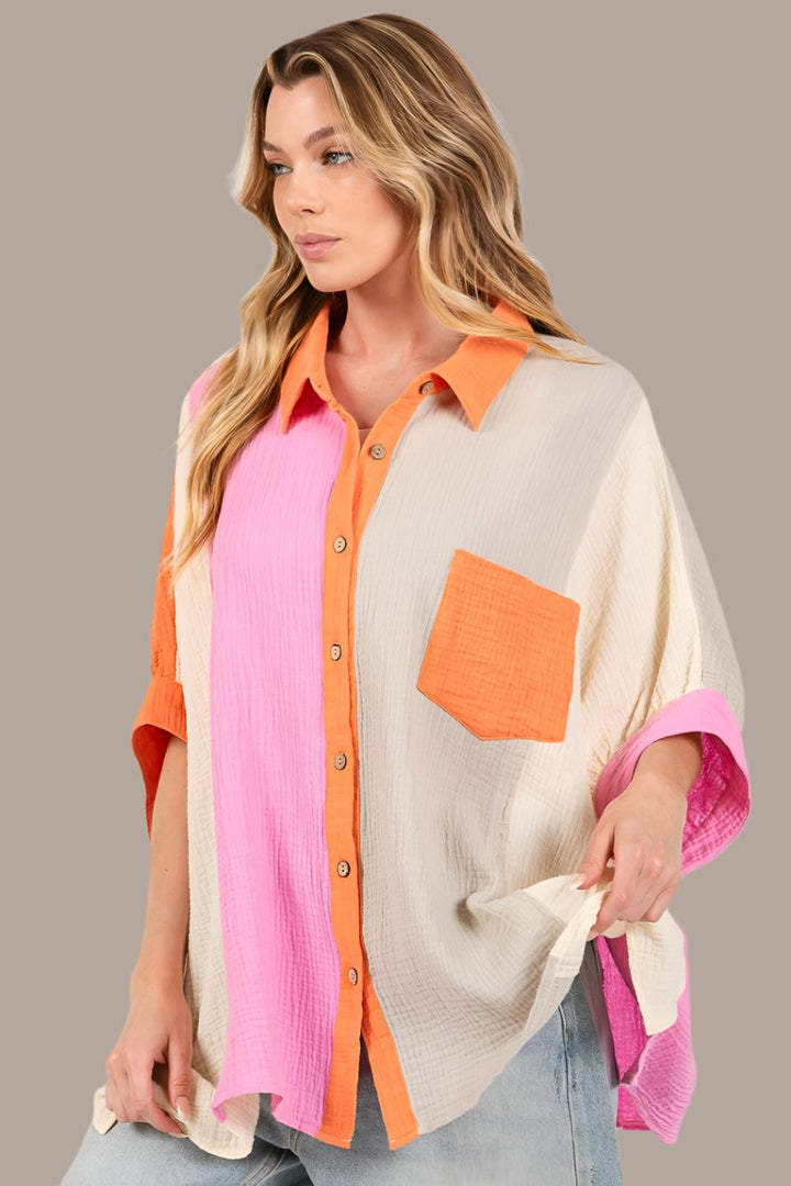 SAGE + FIG Color Block Button-Down Top In MUlti
