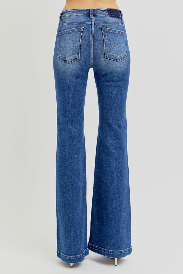 RISEN Low Rise Flare Jeans with Pockets In Dark Wash