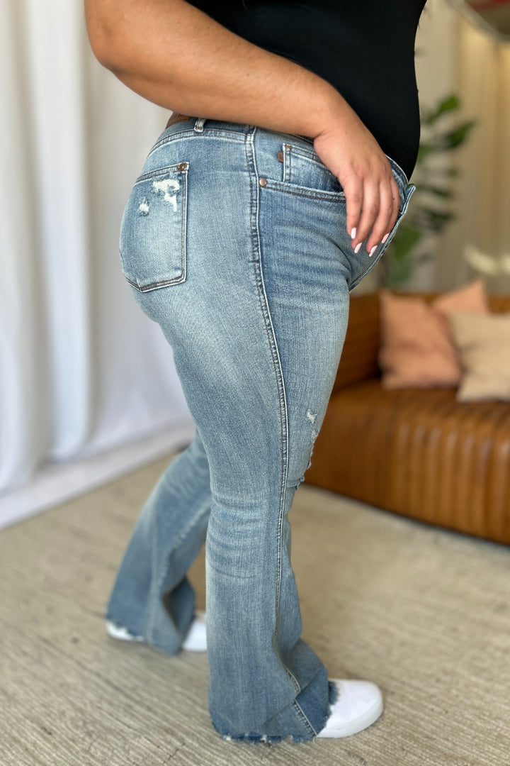 Judy Blue Caroline Mid Rise Tummy Control Distressed Flare Jeans