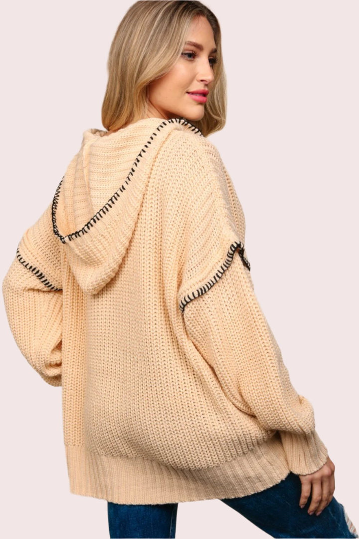 Haptics Contrast Stitching Long Sleeve Hooded Sweater In Oatmeal
