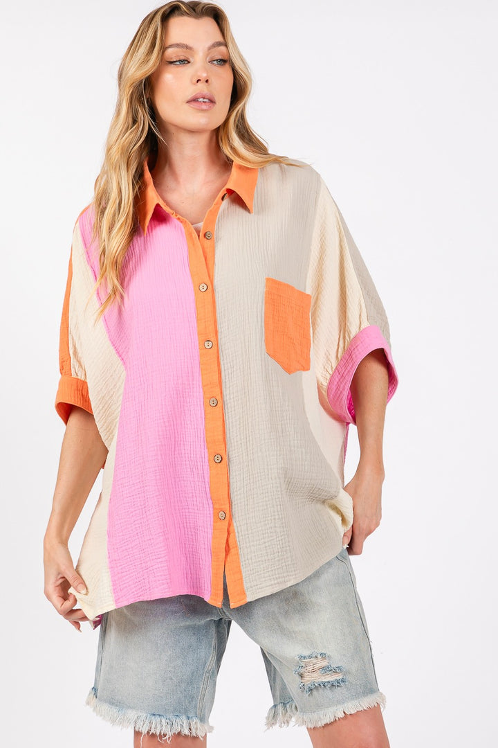 SAGE + FIG Color Block Button-Down Top In MUlti