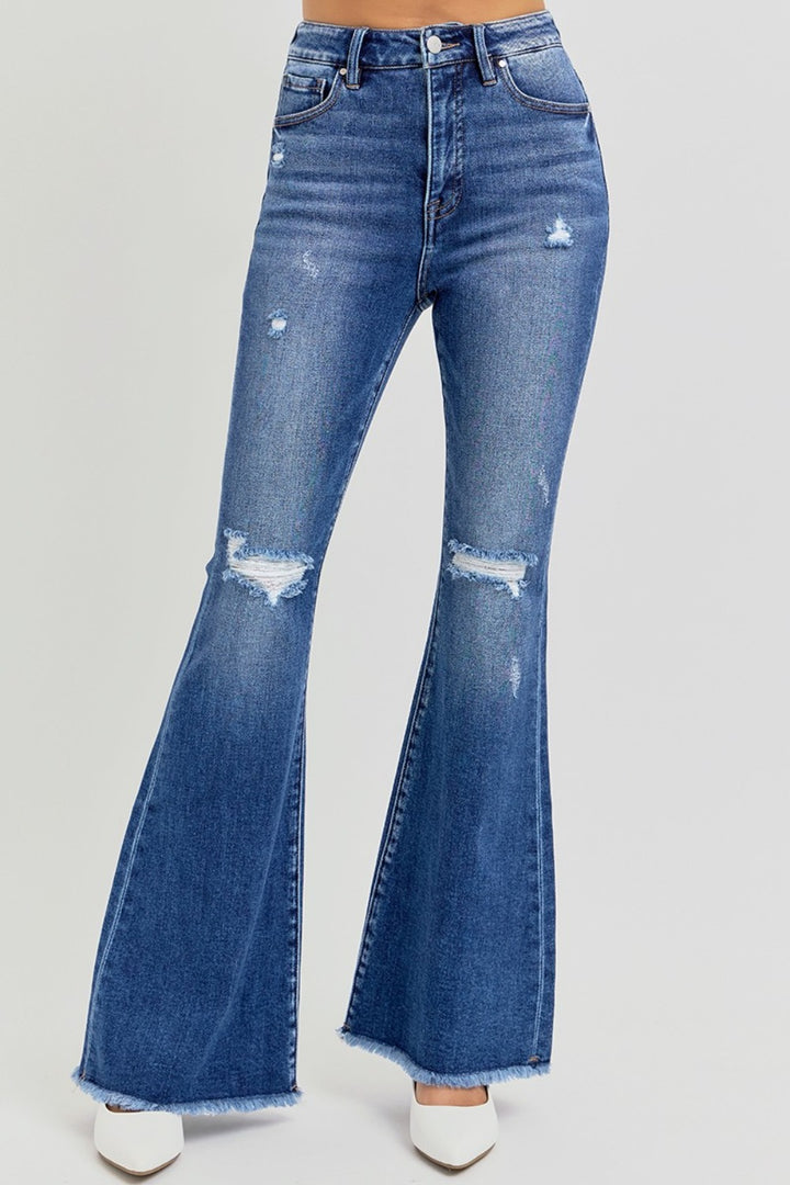 RISEN Mindy High Rise Distressed Raw Hem Flare Jeans