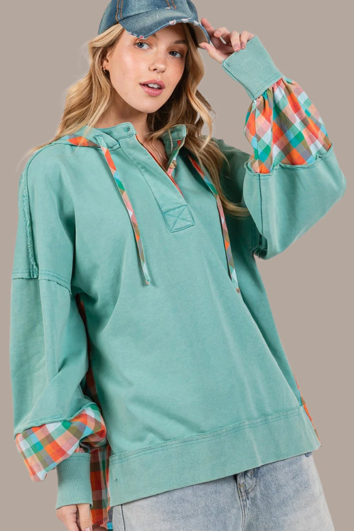 SAGE + FIG Plaid Print Washed Hoodie In Eucalyptus