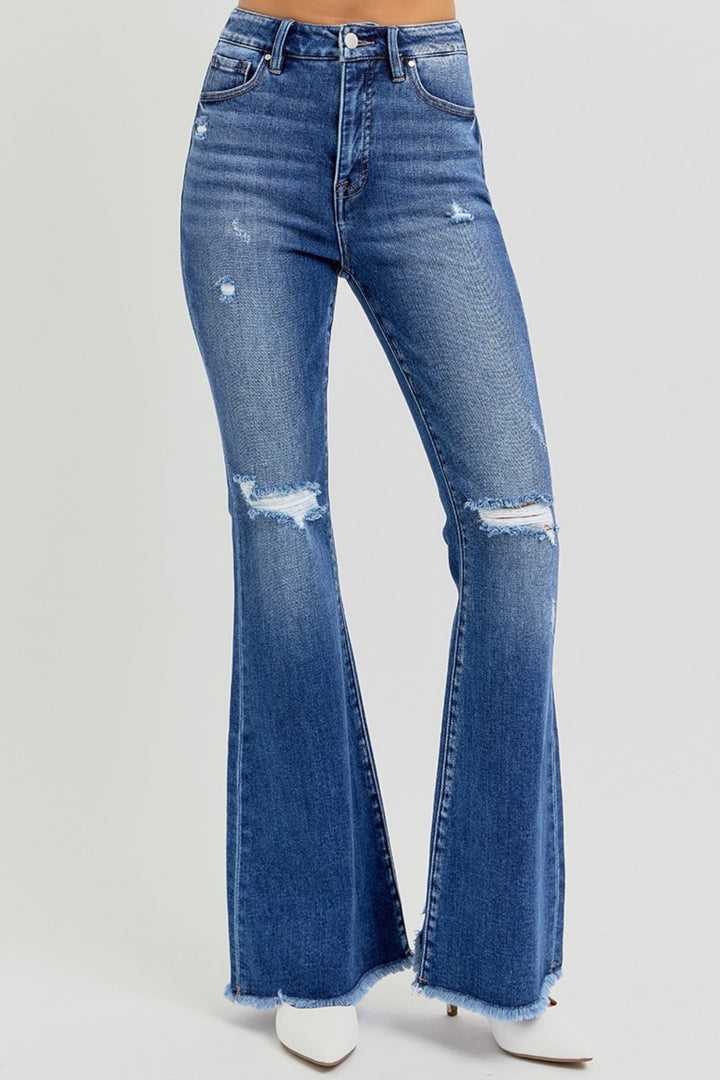 RISEN Mindy High Rise Distressed Raw Hem Flare Jeans