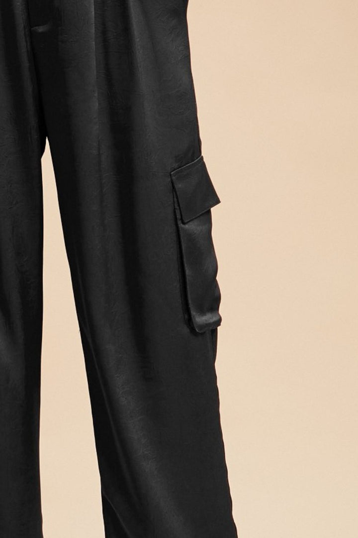 Annie Wear Wide Leg Cargo Satin Pants In Black