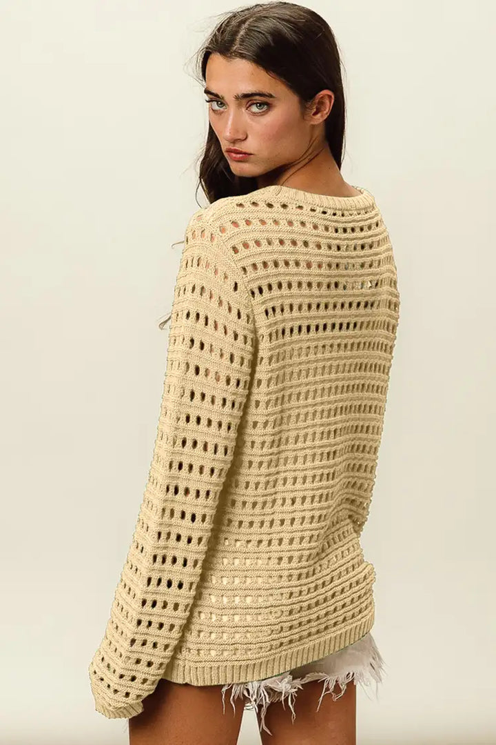 BiBi Round Neck Openwork Knit Cover Up In Oatmeal