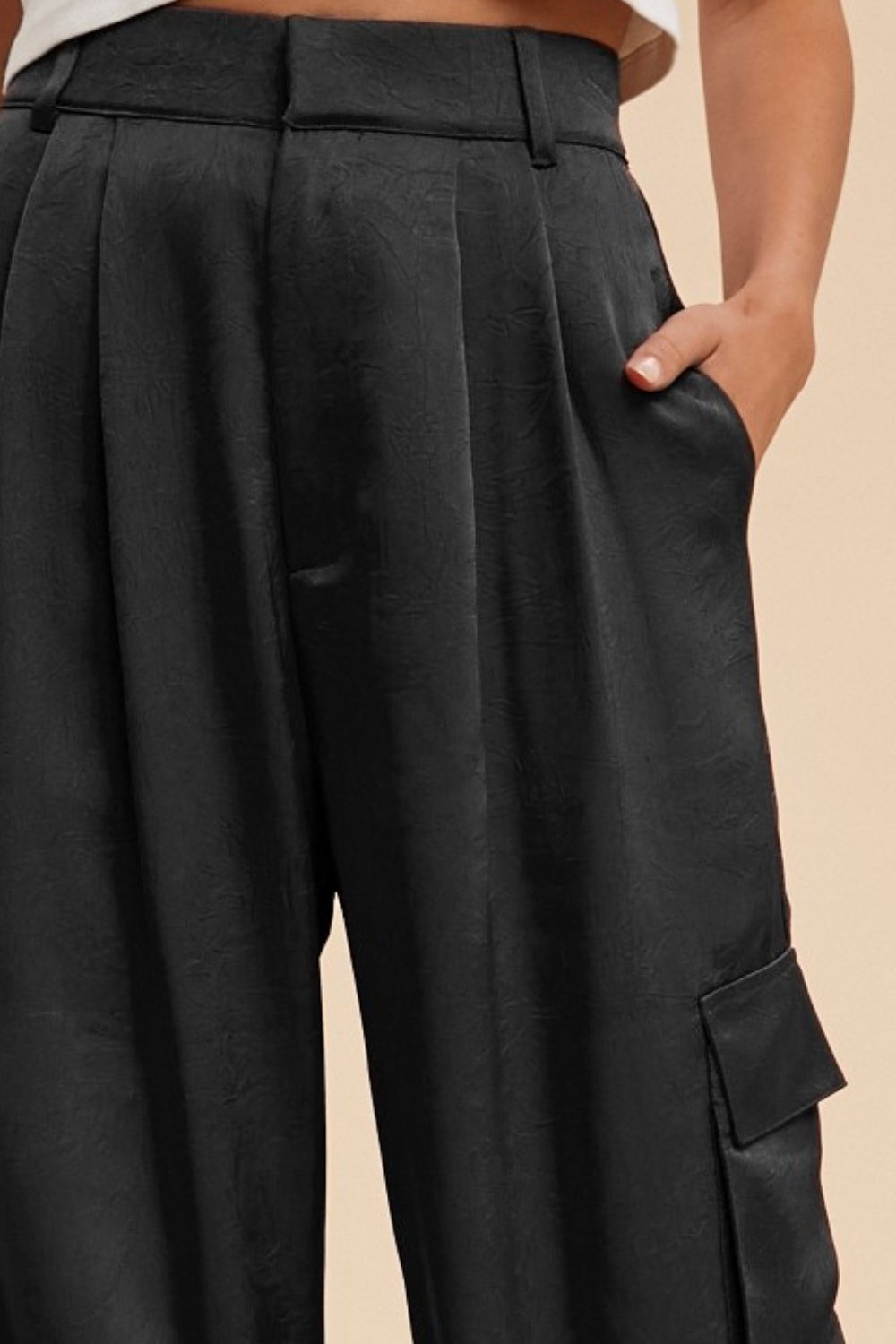 Annie Wear Wide Leg Cargo Satin Pants In Black