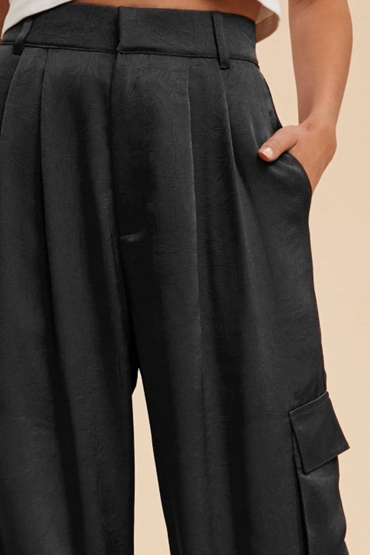 Annie Wear Wide Leg Cargo Satin Pants In Black