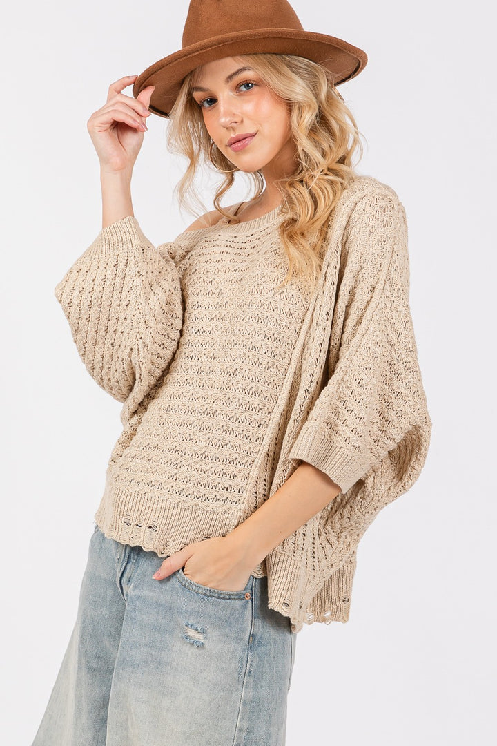 SAGE + FIG Distressed Asymmetrical Open Stitch Sweater In Mushroom