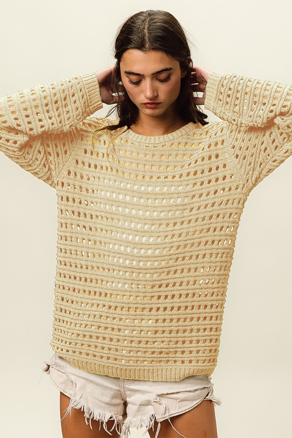 BiBi Round Neck Openwork Knit Cover Up In Oatmeal