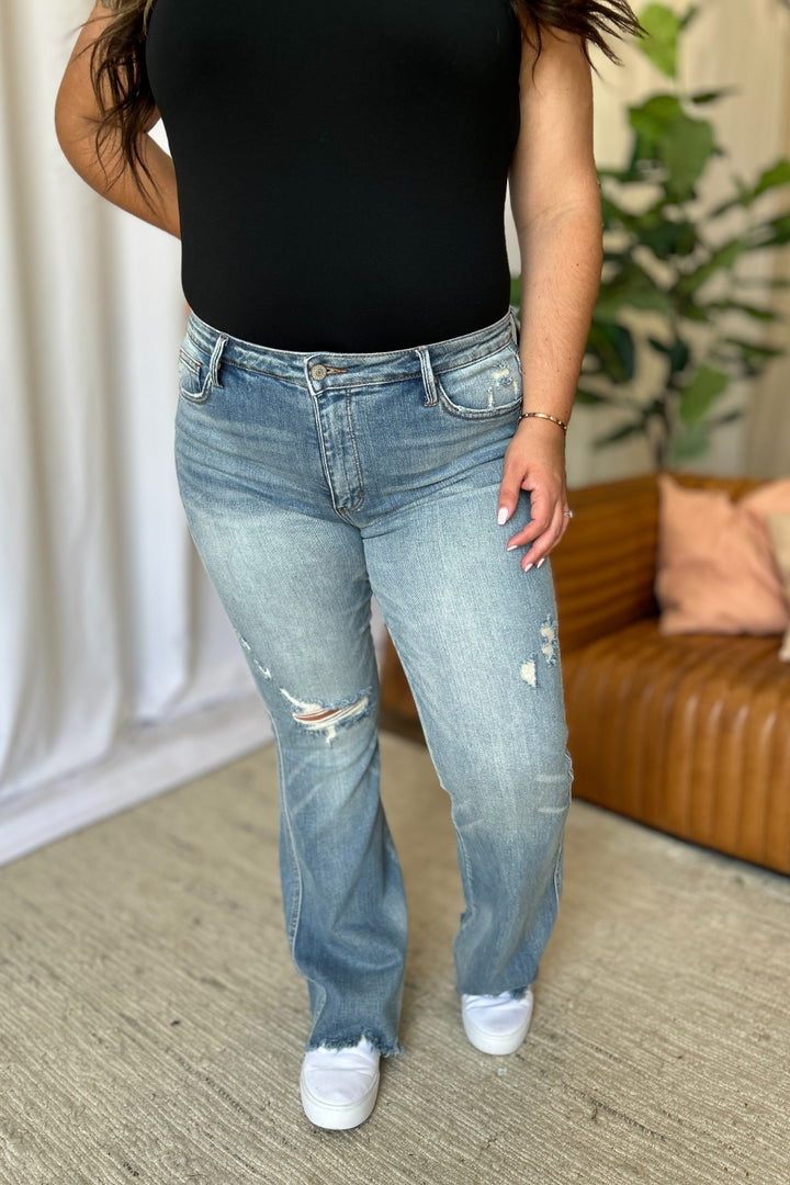 Judy Blue Caroline Mid Rise Tummy Control Distressed Flare Jeans