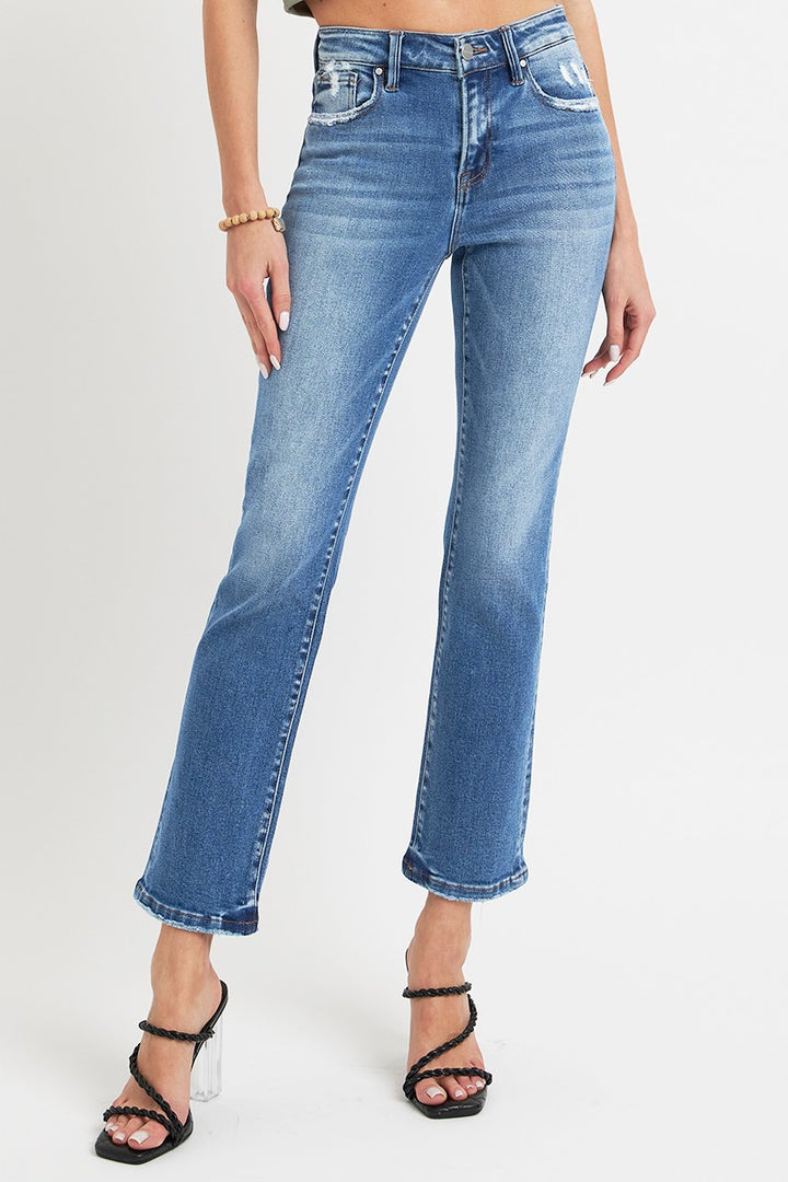 RISEN Mid Rise Ankle Straight Jeans with Pockets In Dark Wash