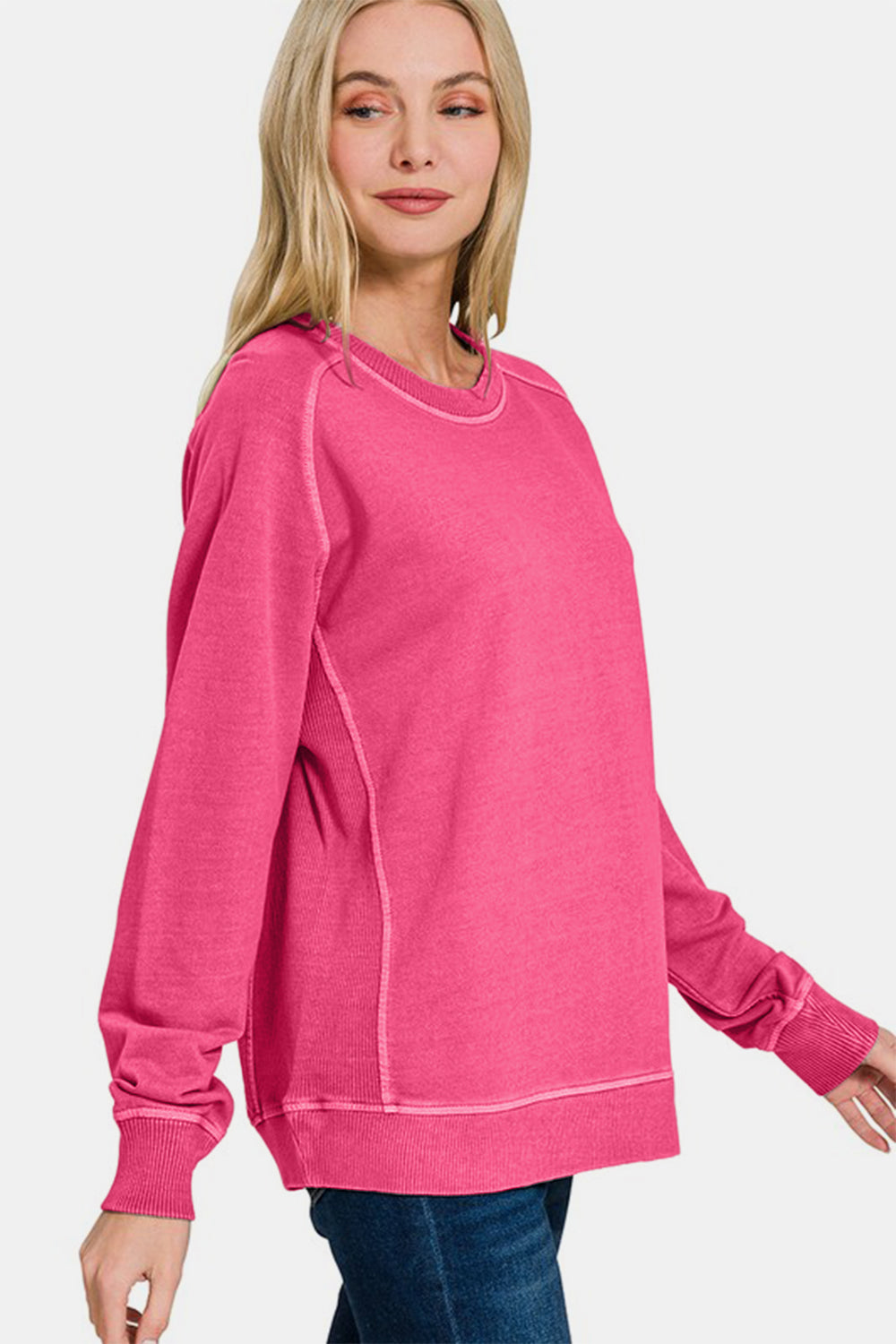 Zenana Pigment Dyed French Terry Sweatshirt In Hot Pink