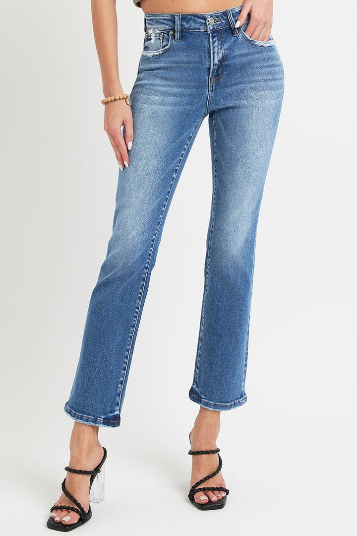 RISEN Mid Rise Ankle Straight Jeans with Pockets In Dark Wash