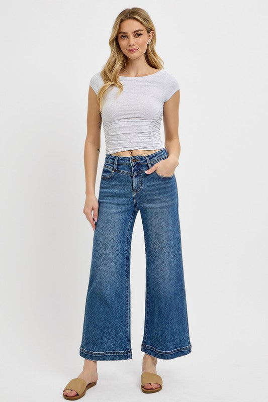 Risen Full Size High Rise Patch Detailed Wide Leg Crop Jeans