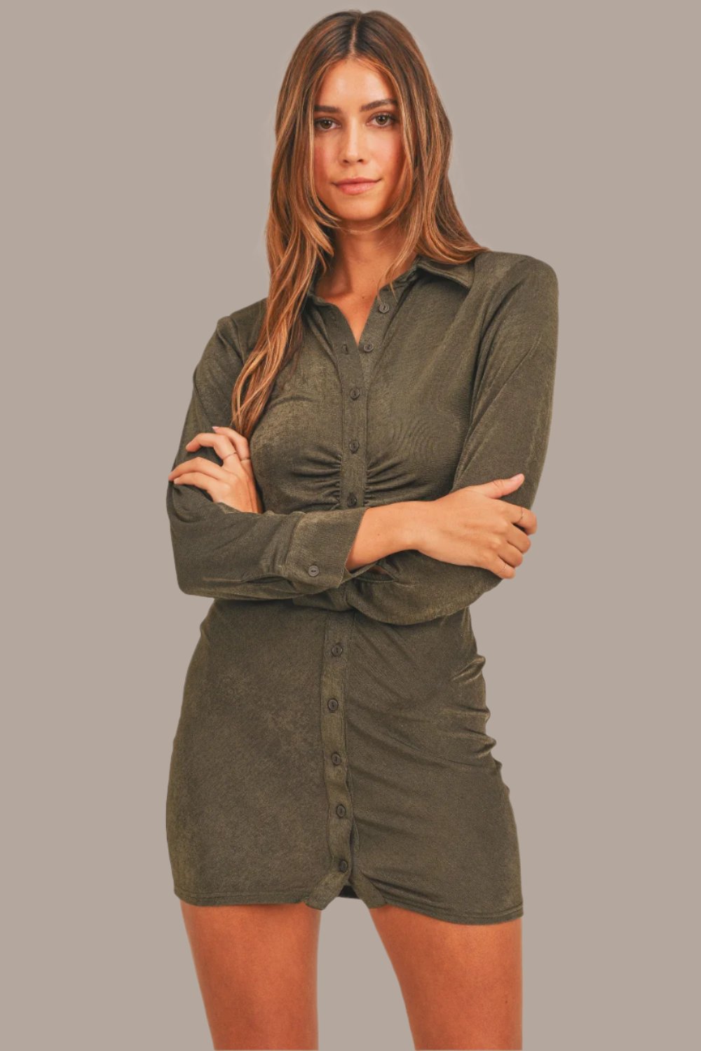 MABLE Front Ruched Button-Down Skinny Mini Shirt Dress In Dk Olive –  AddiBray