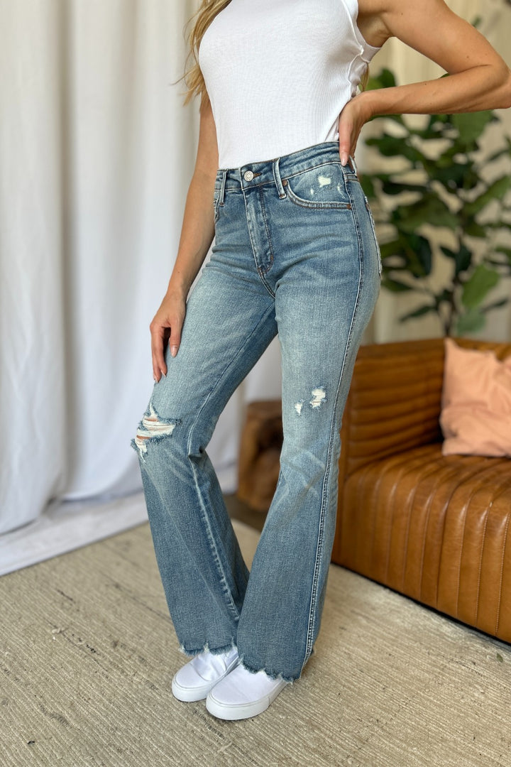 Judy Blue Caroline Mid Rise Tummy Control Distressed Flare Jeans