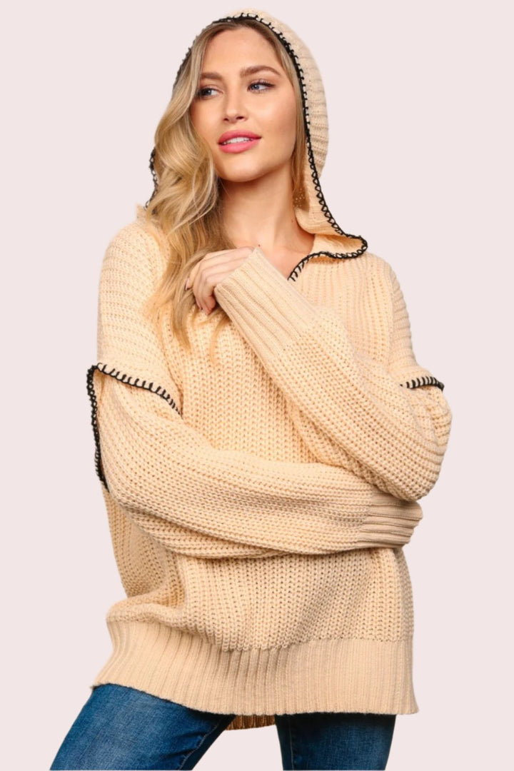 Haptics Contrast Stitching Long Sleeve Hooded Sweater In Oatmeal