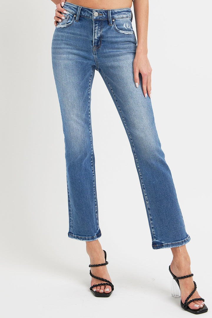 RISEN Mid Rise Ankle Straight Jeans with Pockets In Dark Wash