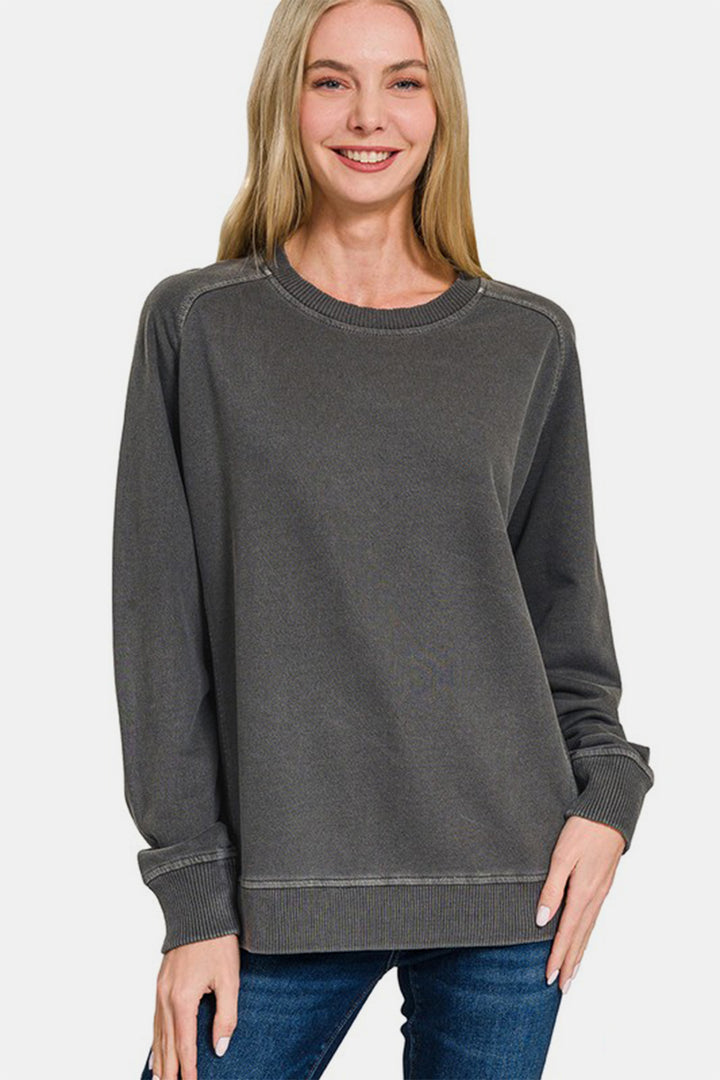 Zenana Pigment Dyed French Terry Sweatshirt In Black