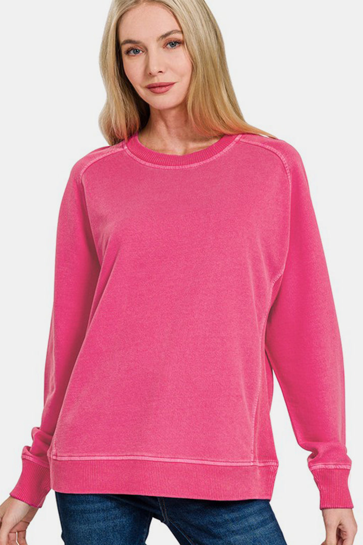 Zenana Pigment Dyed French Terry Sweatshirt In Hot Pink