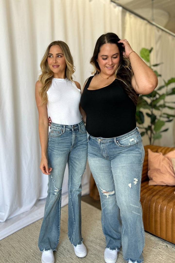 Judy Blue Caroline Mid Rise Tummy Control Distressed Flare Jeans
