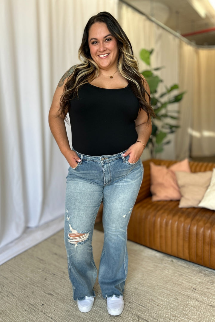 Judy Blue Caroline Mid Rise Tummy Control Distressed Flare Jeans
