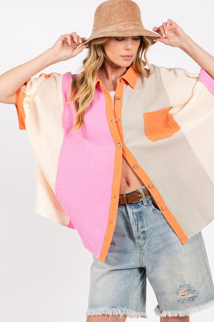 SAGE + FIG Color Block Button-Down Top In MUlti