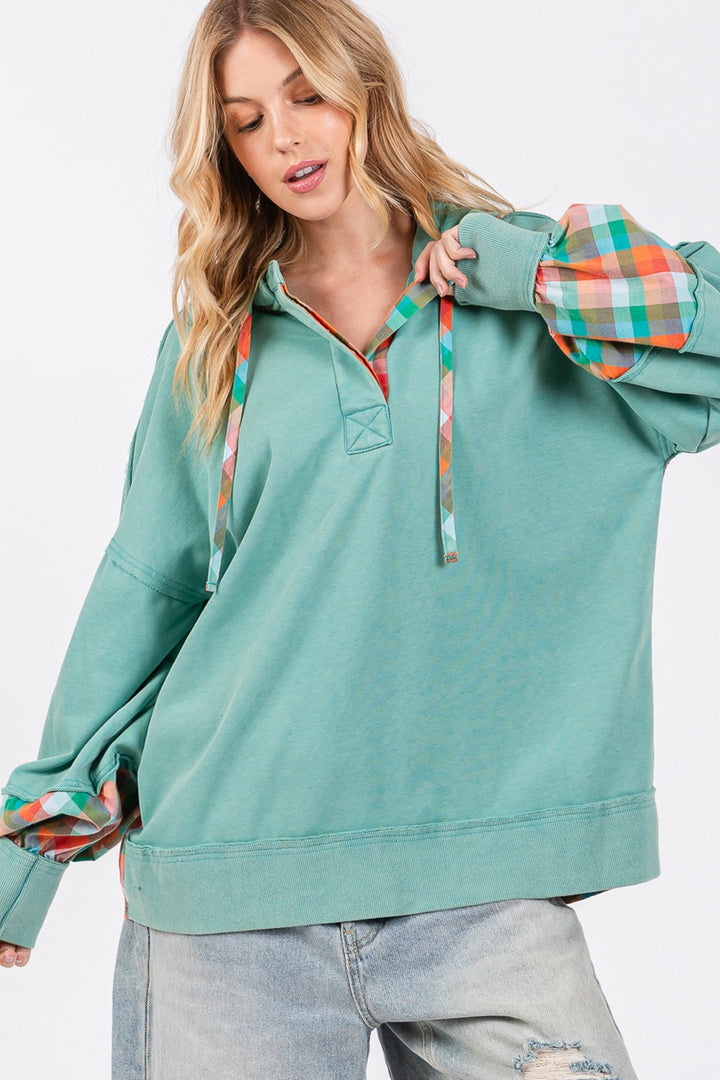SAGE + FIG Plaid Print Washed Hoodie In Eucalyptus