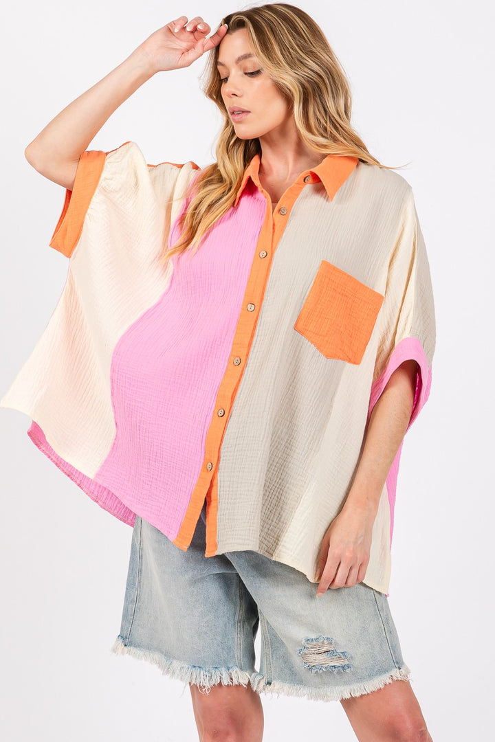 SAGE + FIG Color Block Button-Down Top In MUlti
