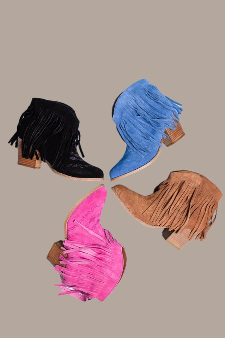 Amos Fringe Ankle Bootie in Blue Suede