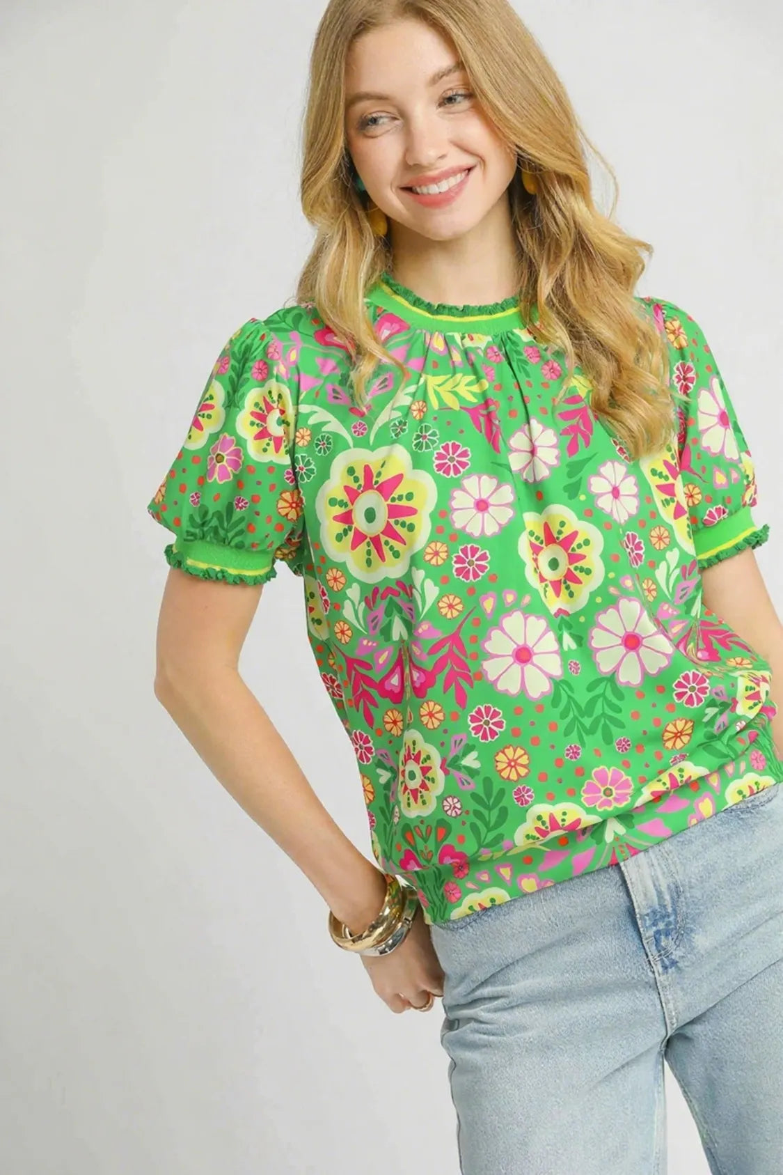 Umgee Mixed Abstract Print Puff Sleeve Blouse
