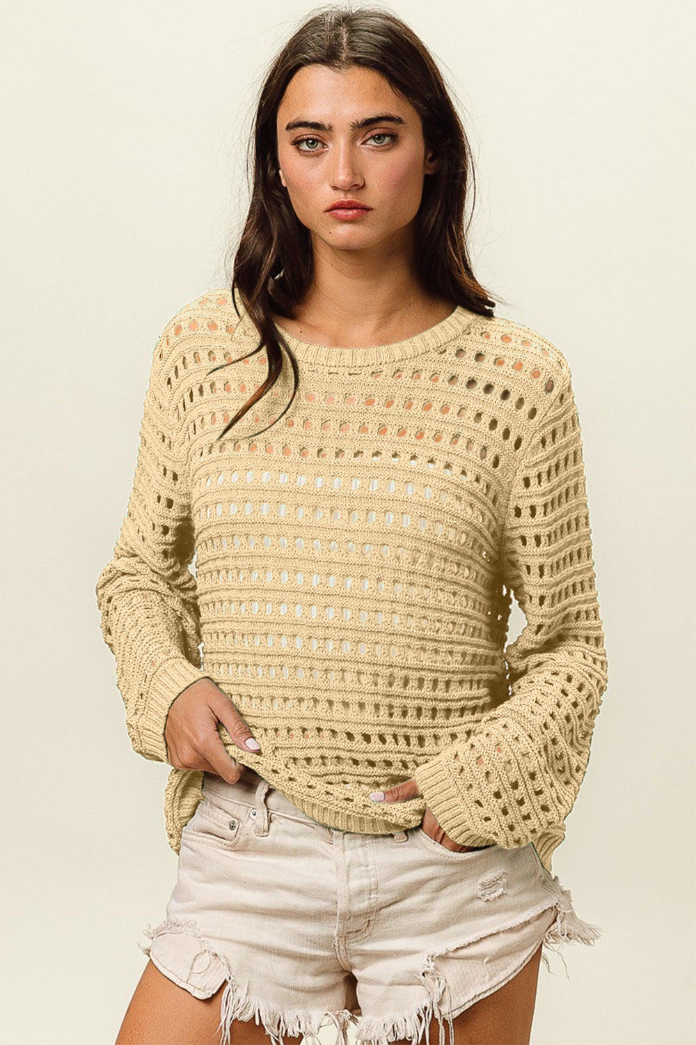 BiBi Round Neck Openwork Knit Cover Up In Oatmeal