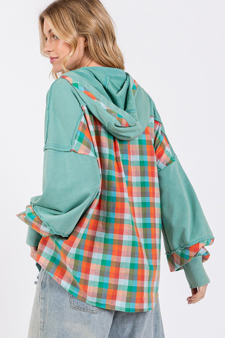 SAGE + FIG Plaid Print Washed Hoodie In Eucalyptus
