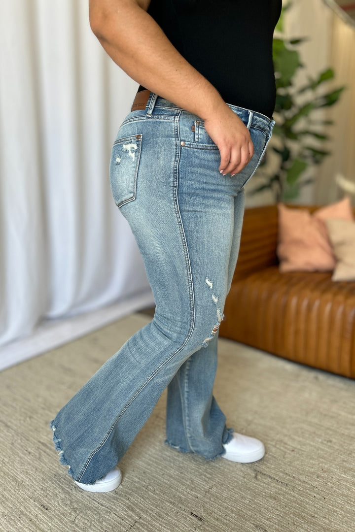 Judy Blue Caroline Mid Rise Tummy Control Distressed Flare Jeans